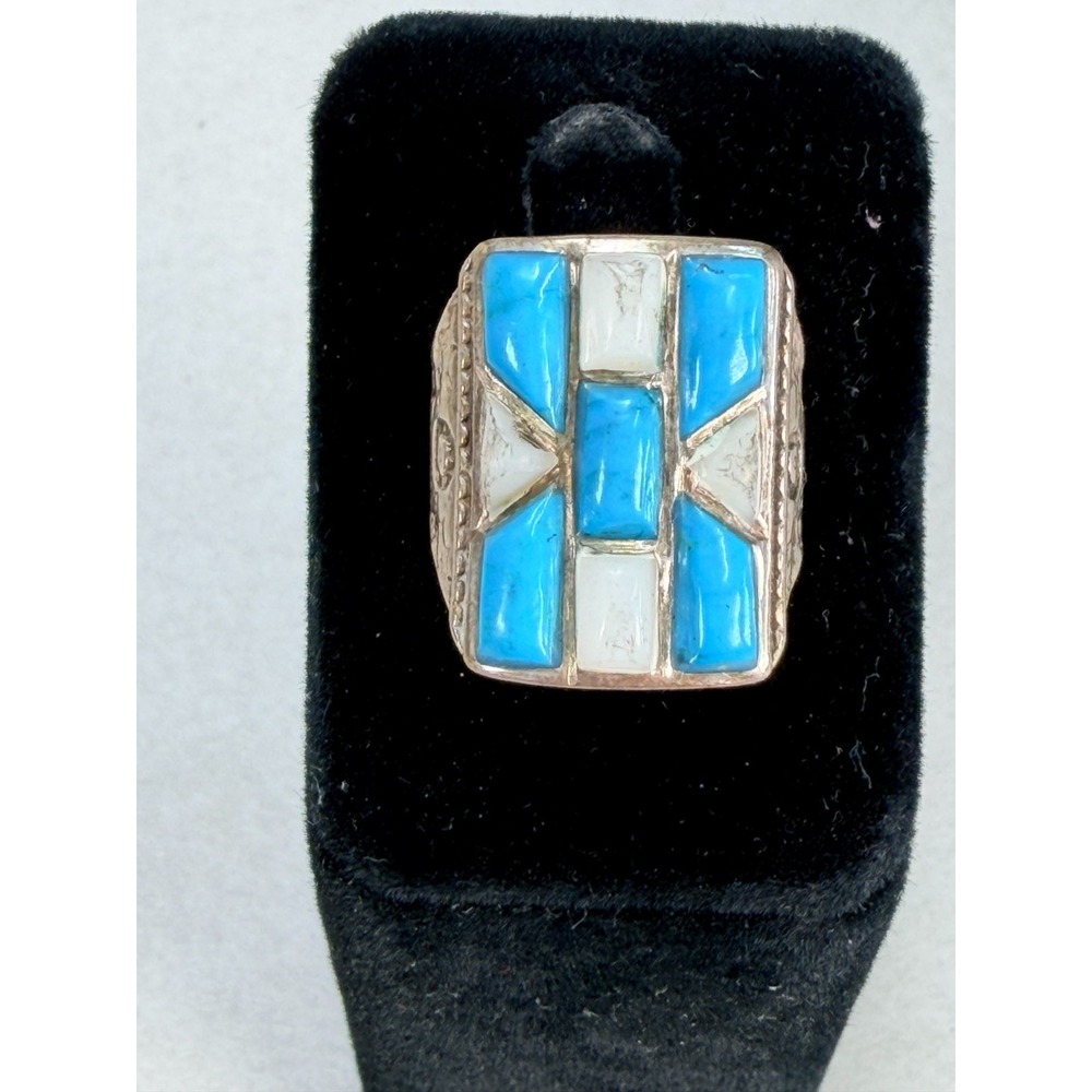 Vintage Native American Sterling Silver Turquoise MOP Inlay Statement Ring Sz 7